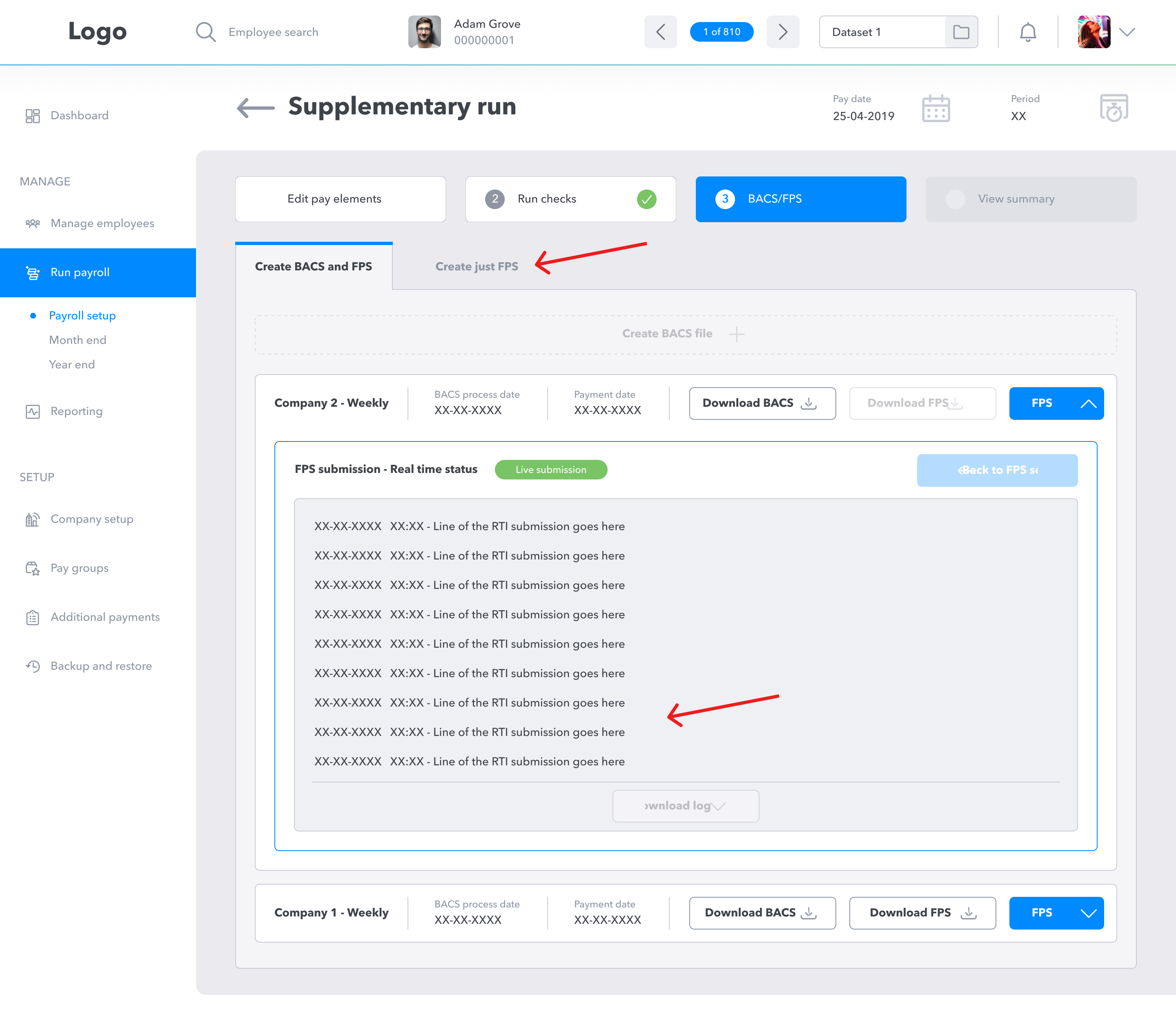An image of the design showing how active submissions can be viewed and seen directly on the BACS and FPS 'dashboard'.