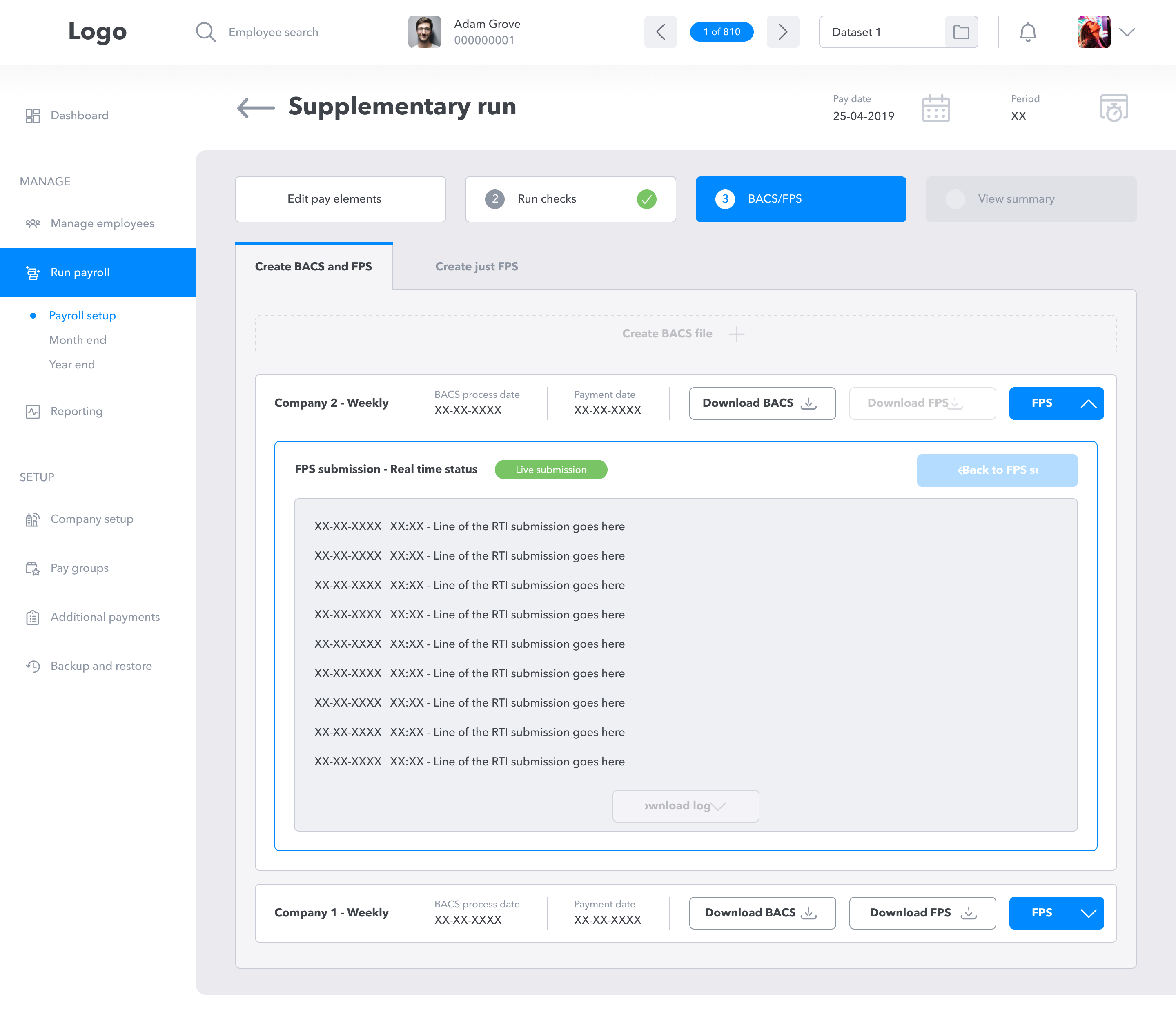 An image of the design showing how active submissions can be viewed and seen directly on the BACS and FPS 'dashboard'.